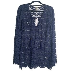 NWT Pilya/PQ Swim Women's Noah Scalloped Lace Tunic‎ Navy/Gold Medium/Large